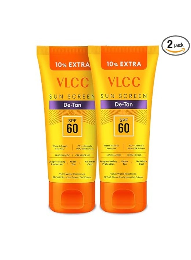 VLCC De-Tan Water Resistant SPF 60 PA+++ Sunscreen Gel Crème - 100g+10g Extra (Pack of 2) | With Niacinamide, Ceramides & Vitamin E | Protects from UVA, UVB Rays, Sun Damage, Skin Darkening & Premature Aging - Image 1